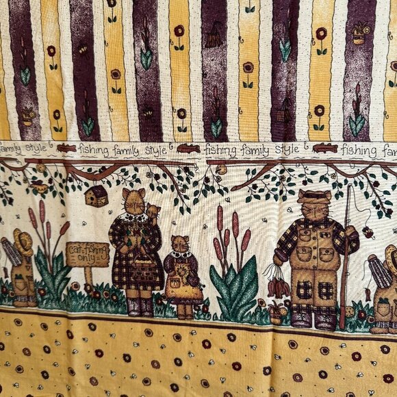 3 yards Vintage Cat Fishing Cotton Fabric Crafts Skirts Primitive Border - Picture 3 of 6